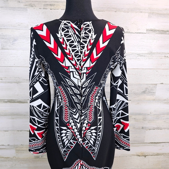 Bisou Bisou Michele Bohbot Geometric Print Bodycon Dress Black Red White 10 - Picture 8 of 16